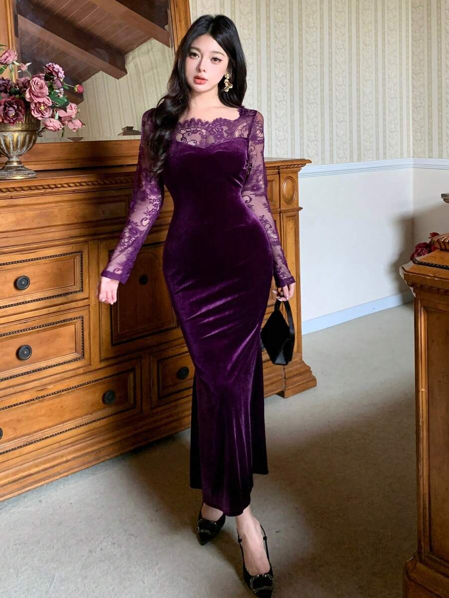 Elevate your autumn wardrobe with this stunning Women's Lace Patchwork Fishtail Dress. Featuring an elegant square neckline, delicate lace detailing, and a flattering mermaid silhouette, this midi dress combines sophistication with comfort. The thermal lining provides added warmth for cooler seasons, while the velvet blend fabric with slight stretch ensures a graceful fit. Perfect for formal occasions, evening events, and festive celebrations. Hand wash or professionally dry clean to maintain its luxurious 