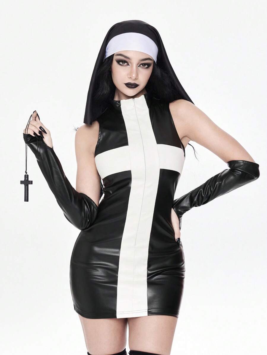 Front view of black white faux leather nun costume mini dress with front zip and cross panel