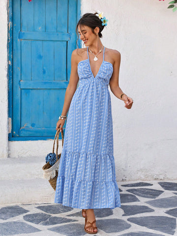Sway into summer with our Baby Blue Woven Halter Long Dress! This breezy sundress is your vacation BFF, featuring a flattering halter neckline and flowing length that dances with every step. Perfect for beach strolls, rooftop parties, or simply turning heads on sun-soaked days. Pack light, shine bright!