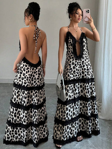 Turn heads at the beach with this stunning backless dress featuring a bold black leopard print that's equal parts wild and sophisticated. The delicate lace trim adds a touch of elegance, while the daring open back design keeps things flirty and fun. Perfect for making a statement by the water or transitioning from sand to sunset cocktails. This piece proves you don't need much fabric to make a major fashion impact.