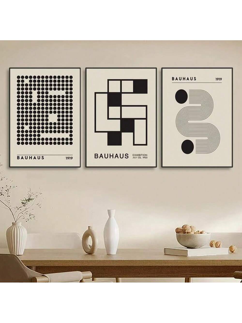 Add a splash of vintage charm to any room with this Bauhaus-inspired canvas art. Featuring bold black and beige geometric shapes, it effortlessly combines retro style with modern flair. Perfect for brightening up your home or office, this piece turns any wall into a conversation starter with its playful shapes and timeless design.