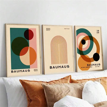 Refresh your home with the timeless charm of this Bauhaus canvas wall art set. Inspired by iconic mid century design, each piece features bold geometric shapes, earthy tones, and balanced compositions that bring warmth and artistic character to any room. The clean yet expressive aesthetic makes this collection an easy choice for modern, bohemian, Scandinavian, and minimalist interiors.