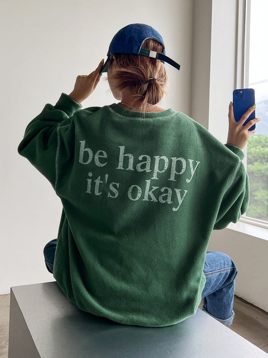 Stay warm and spread positivity with our Be Happy Oversized Fleece Sweatshirt. Crafted for comfort and coziness, it's the perfect addition to your wardrobe. Made with high-quality fleece, it provides a soft and warm feel. Its positive vibe design will surely bring a smile to your face.