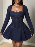 Beaded Sweetheart Neckline Long Sleeve Denim Dress for Chic Women's Fashion