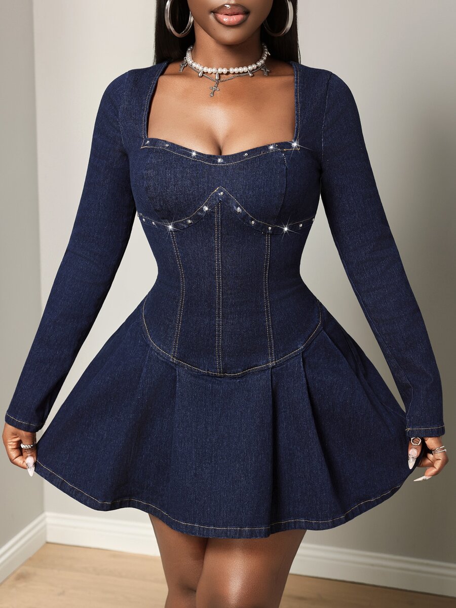 Beaded Sweetheart Neckline Long Sleeve Denim Dress for Chic Women's Fashion