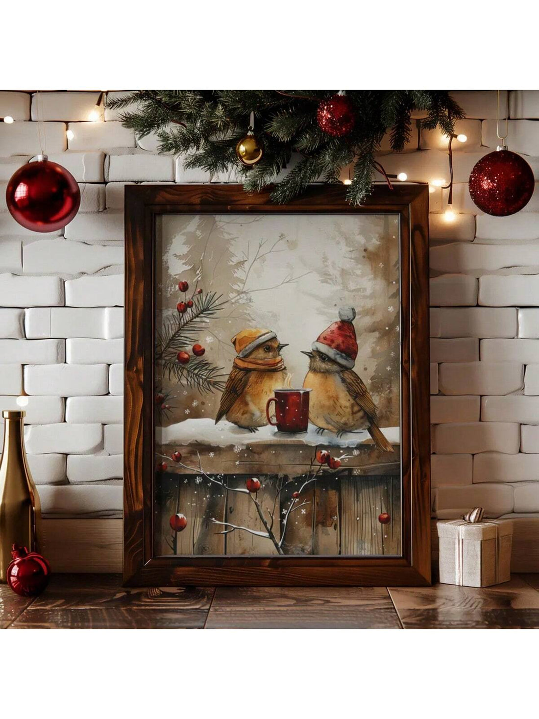 Bring a touch of rustic charm to your space with this delightful beige Christmas birds print. Perfect for farmhouse lovers, this vintage-inspired wall art captures the cozy spirit of winter with its soft, muted palette and whimsical feathered friends. Whether you're decorating your living room for the holidays or adding year-round warmth to your walls, this print delivers that effortless, lived-in elegance farmhouse style is known for. A playful nod to simpler times, it's the kind of piece that makes guests