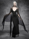 Black gothic maxi dress with deep V neckline and sheer batwing cape sleeves