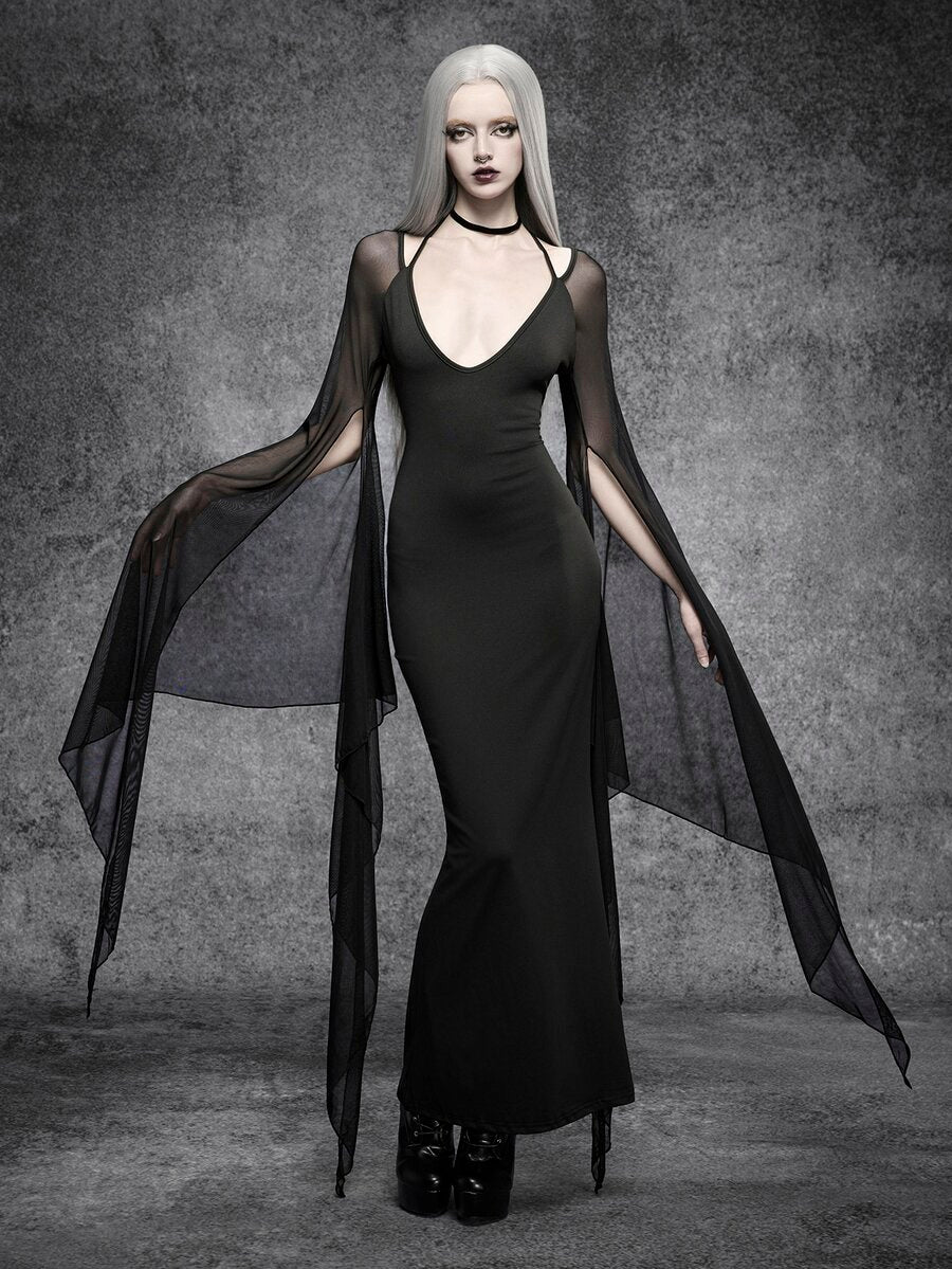 Black gothic maxi dress with deep V neckline and sheer batwing cape sleeves