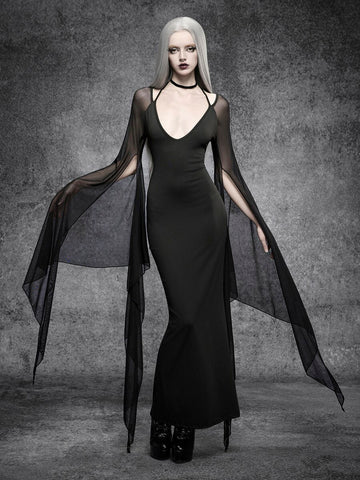 Black gothic maxi dress with deep V neckline and sheer batwing cape sleeves