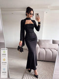 Full front view of black square-neck mermaid midi dress with scarf neck tie