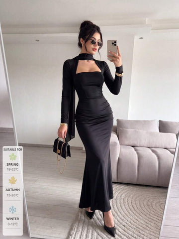 Full front view of black square-neck mermaid midi dress with scarf neck tie