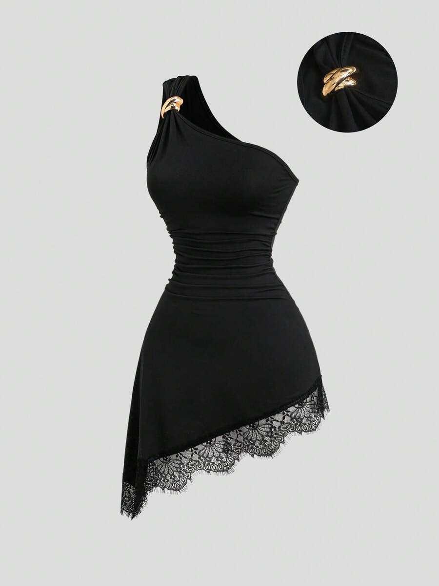 Black one-shoulder bodycon mini dress with lace trim