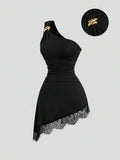 Black one-shoulder bodycon mini dress with lace trim