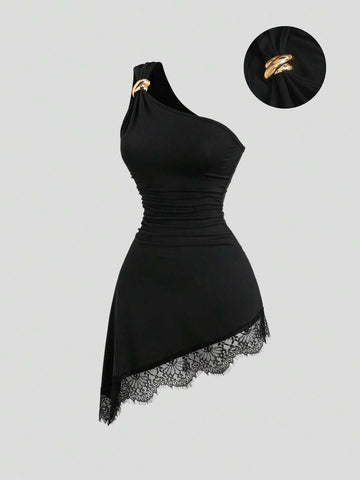 Black one-shoulder bodycon mini dress with lace trim