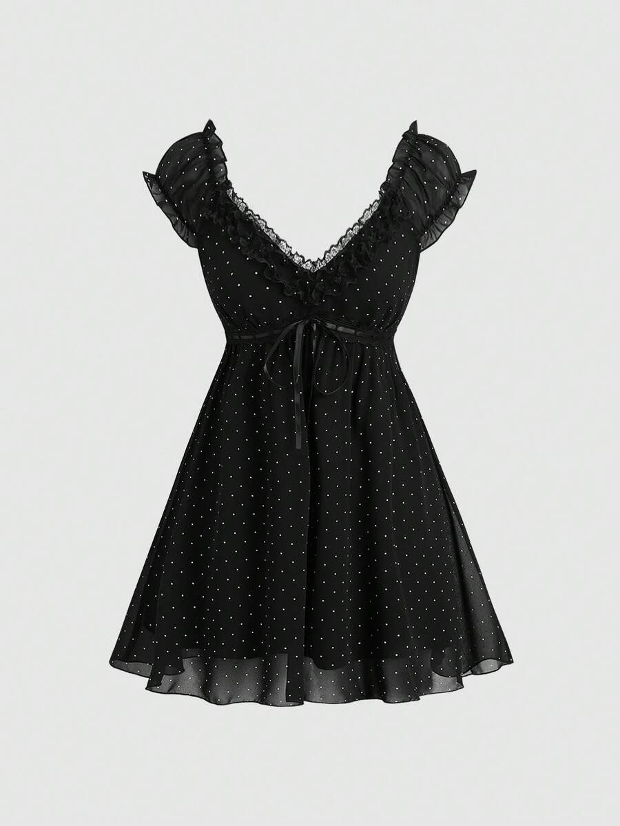 Black polka-dot mini dress with lace-trim V-neck