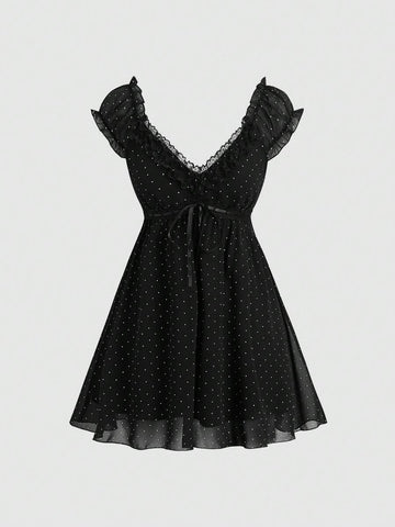 Black polka-dot mini dress with lace-trim V-neck