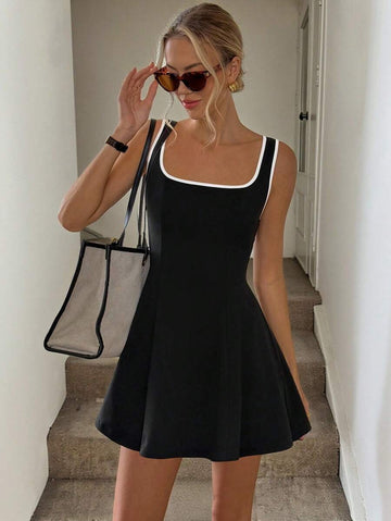 black square neck contrast trim fit and flare mini dress image 1