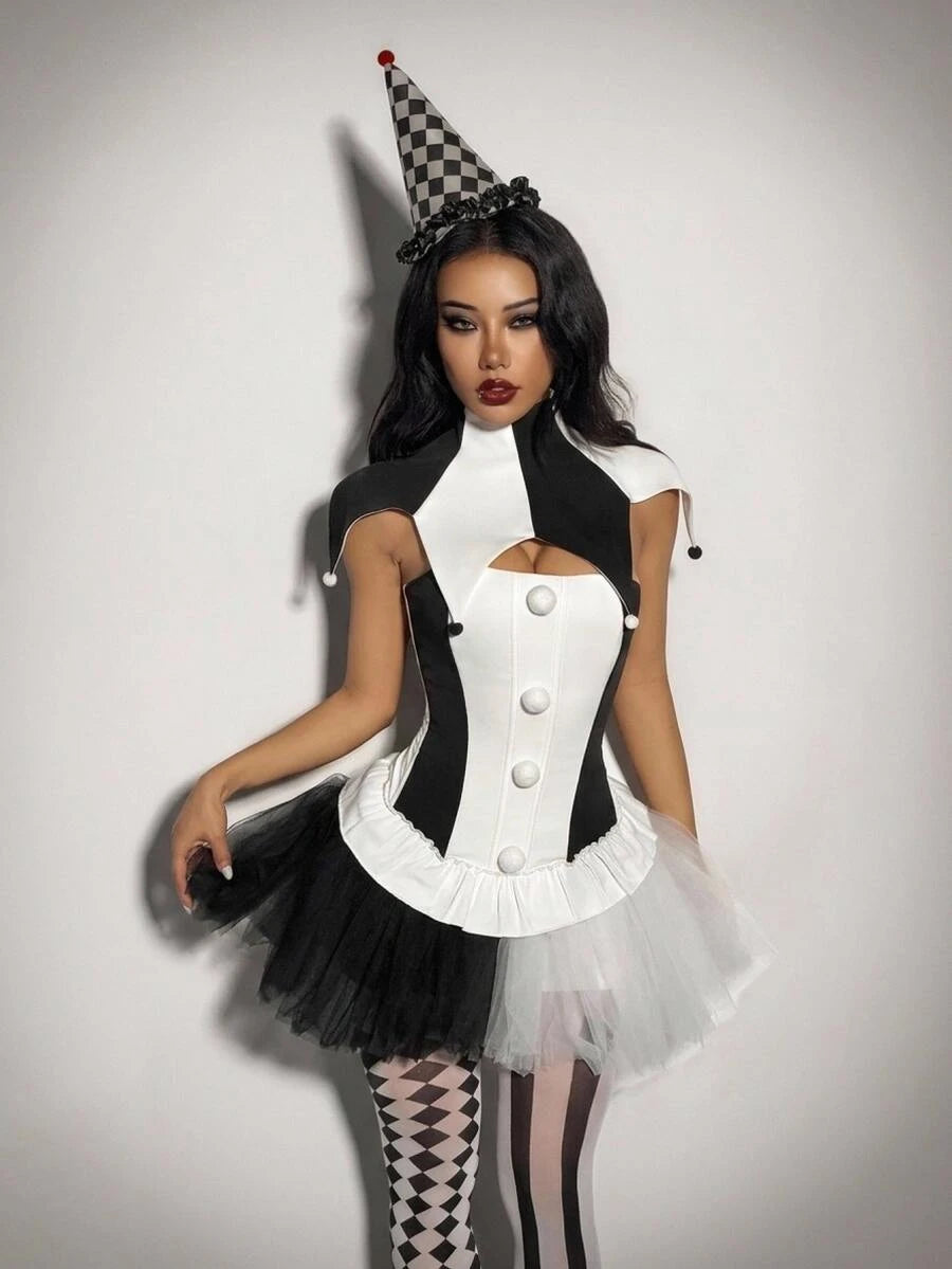 Front view of black and white clown costume with corset top and split tulle skirt