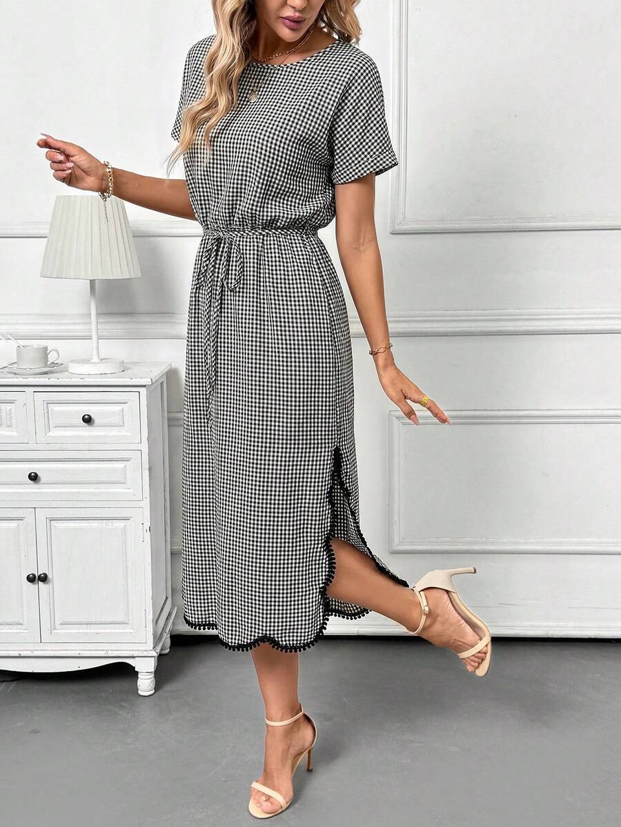 Black white gingham drawstring midi dress front view
