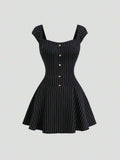 Black and white striped A-line mini dress with square neckline