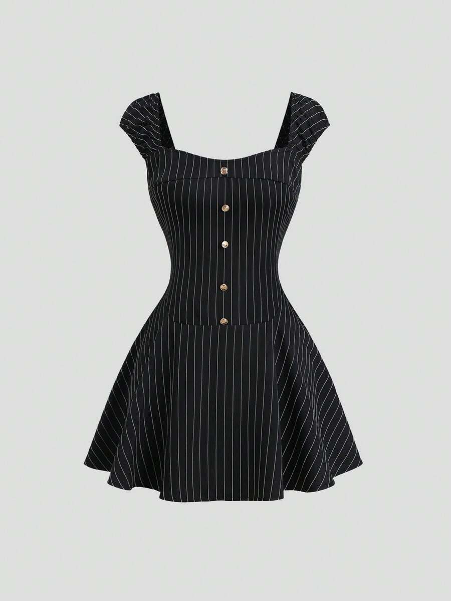 Black and white striped A-line mini dress with square neckline