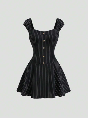 Black and white striped A-line mini dress with square neckline