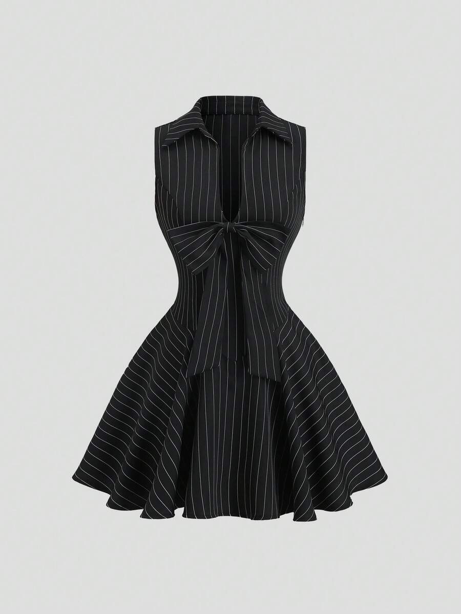 Black and white striped sleeveless mini dress with oversized bow