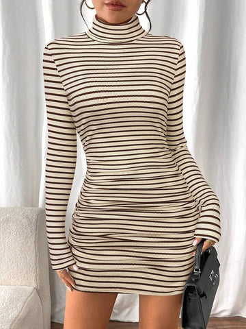 Front view of cream and dark brown striped turtleneck mini dress
