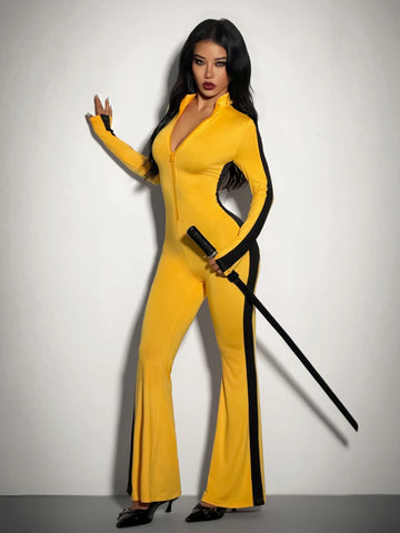 Full view of fitted yellow and black flared jumpsuit with stand collar for costume parties