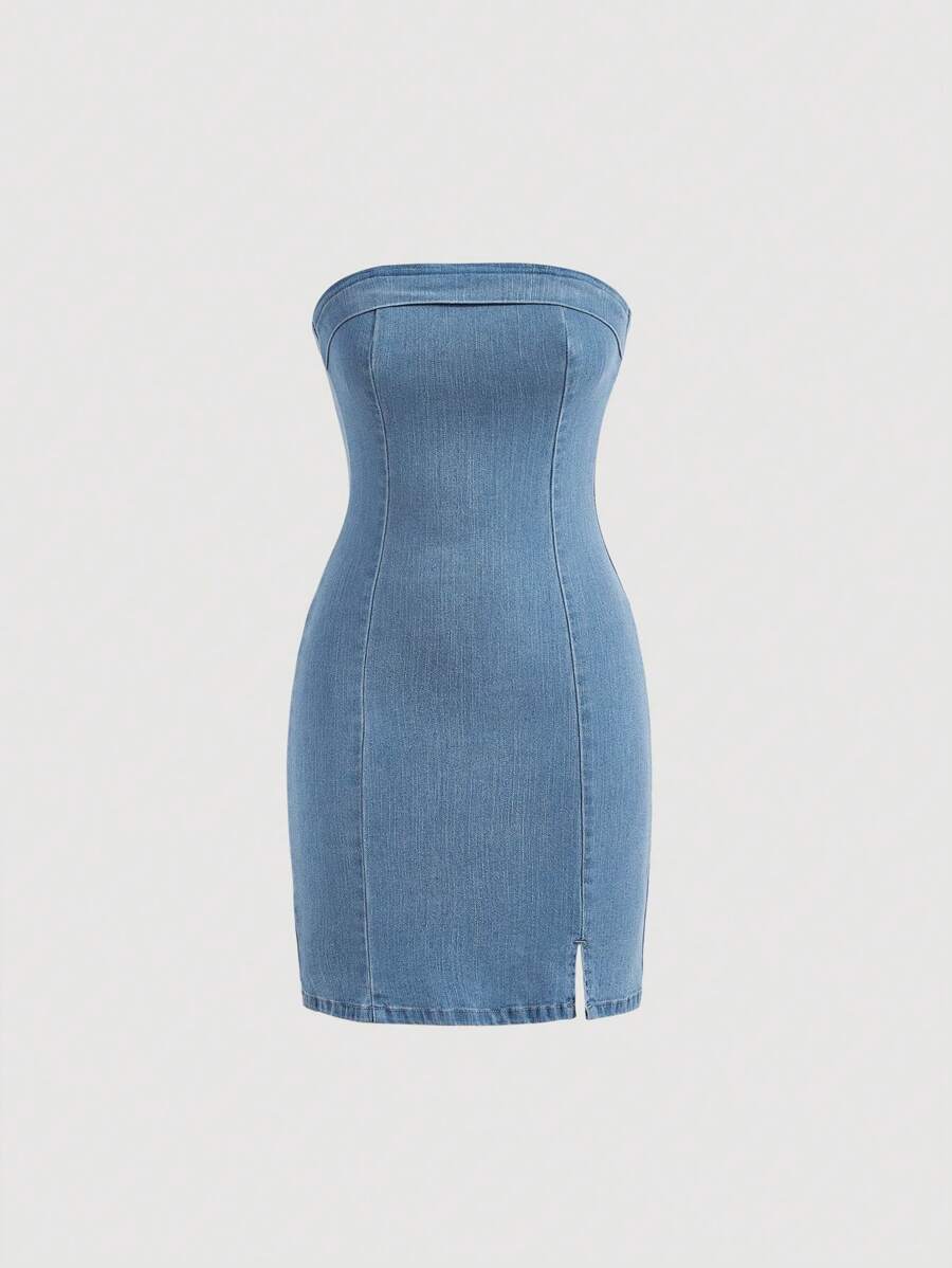 Front view of light-wash blue strapless denim mini dress with fitted shape and twin slits