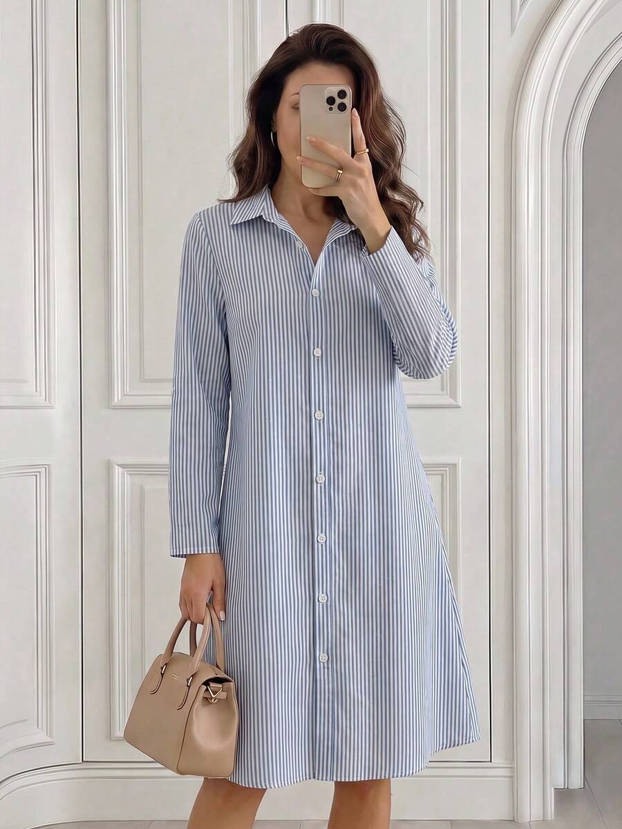 Shop a blue and white striped midi dress for women. A versatile all-season style perfect for casual days, work, brunch, weekends, and everyday wear.