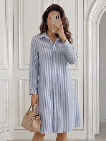 Shop a blue and white striped midi dress for women. A versatile all-season style perfect for casual days, work, brunch, weekends, and everyday wear.