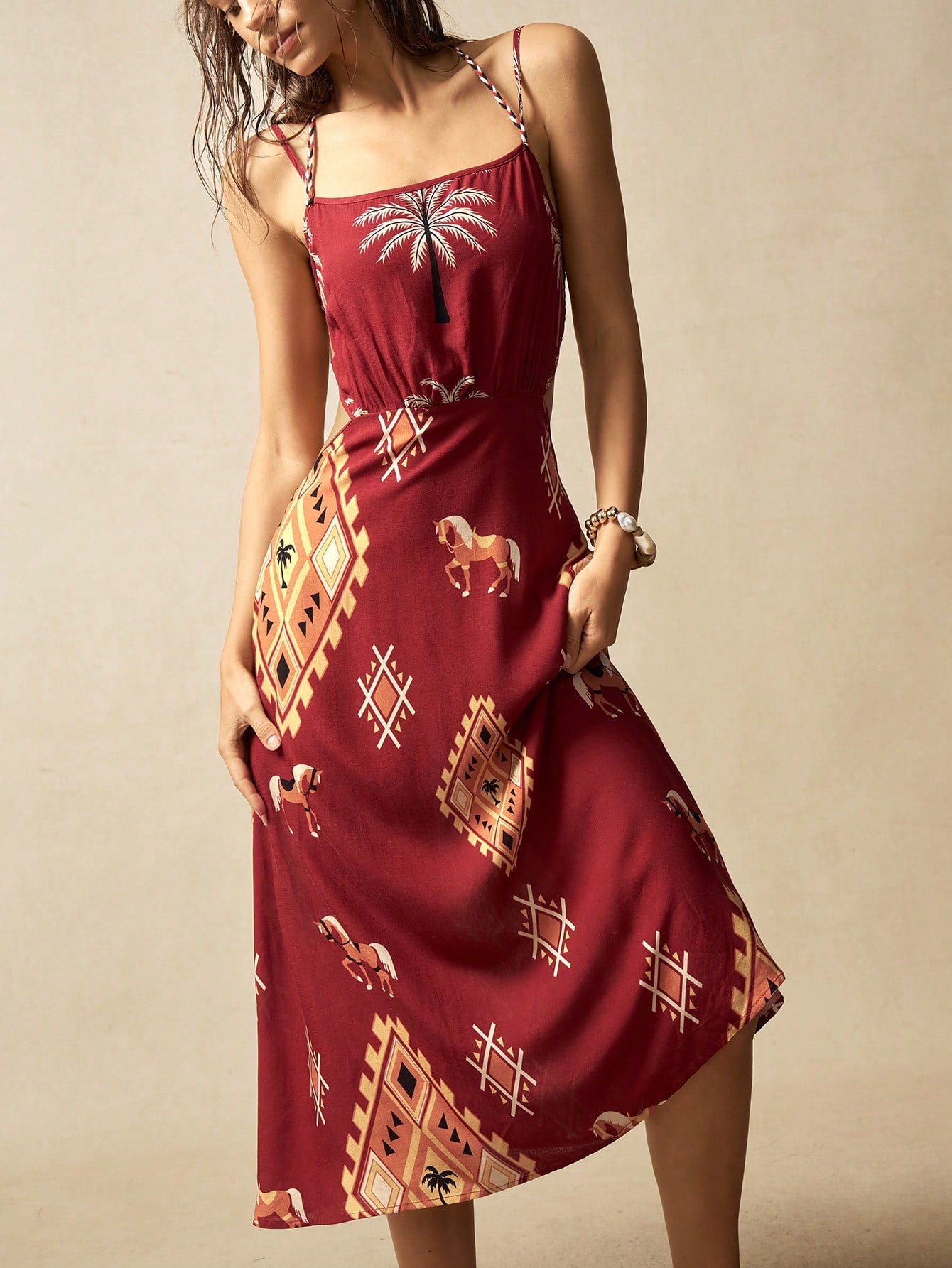 Embrace the carefree spirit of summer with this Bohemian Beach Vacation Dress. Featuring a vibrant woven print and delicate spaghetti straps, its backless design keeps you cool and stylish under the sun. Perfect for beach strolls or sunset gatherings, this dress blends comfort with playful charm for your next getaway.