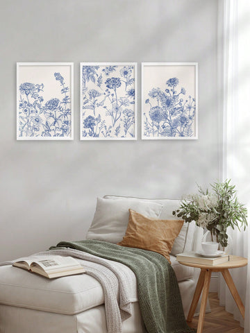 Add a touch of Bohemian Bliss to your wall with this stunning 3-piece frameless blue floral canvas art. The perfect addition to any aesthetic décor, these pieces are sure to elevate your space. (Frame not included.)