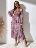 Unleash your bohemian spirit with our Floral Off-The-Shoulder Shirred Dress. With a playful layered hem, this dress adds a touch of whimsy to your wardrobe. The off-the-shoulder design is perfect for dancing the day away at festivals (just don't forget the flower crown)!