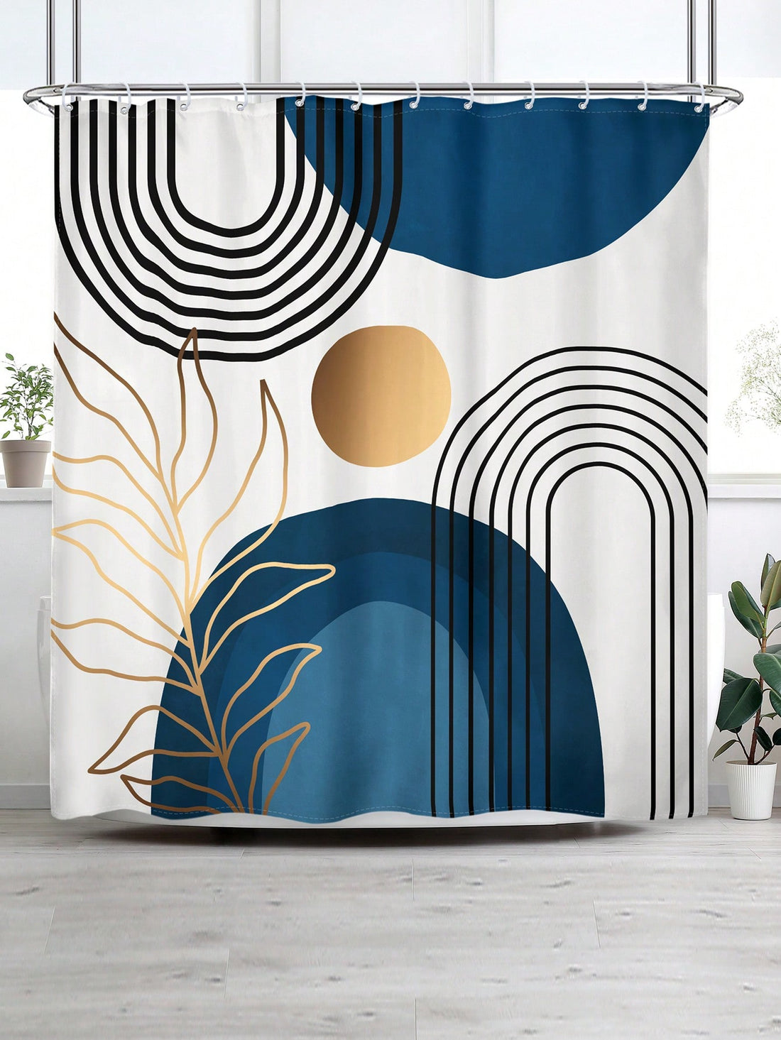 Introducing our Bohemian Blue Ombre Arch Shower Curtain with Gold Leaf Sunburst, perfect for adding a touch of quirkiness to your bathroom. The minimalist design pairs a trendy blue ombre with a playful gold leaf sunburst for a unique and fun look. Elevate your bathroom decor with this one-of-a-kind shower curtain!