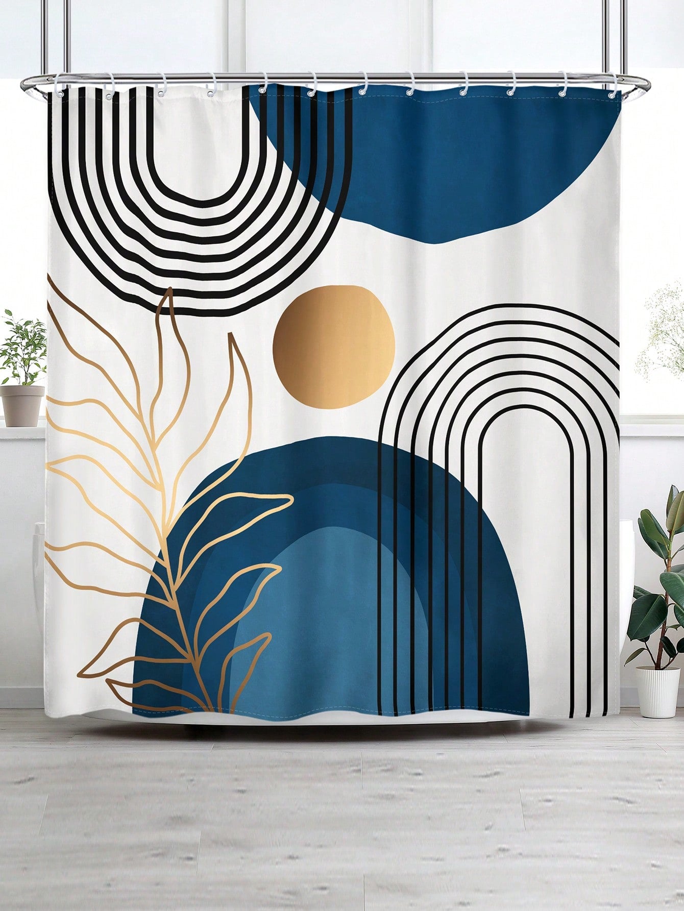 Introducing our Bohemian Blue Ombre Arch Shower Curtain with Gold Leaf Sunburst, perfect for adding a touch of quirkiness to your bathroom. The minimalist design pairs a trendy blue ombre with a playful gold leaf sunburst for a unique and fun look. Elevate your bathroom decor with this one-of-a-kind shower curtain!
