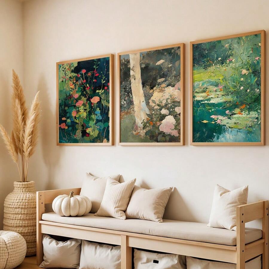 Front entryway mockup of three-piece botanical canvas art with teal florals and water lily prints above a bench
