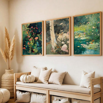Front entryway mockup of three-piece botanical canvas art with teal florals and water lily prints above a bench