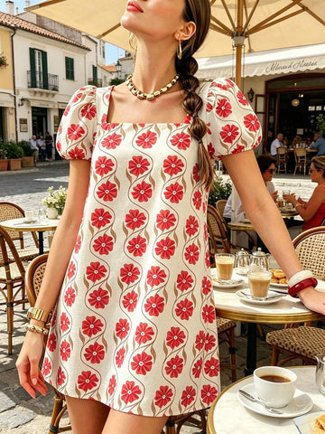 Front view of cream floral square neck mini dress with coral blooms and puff sleeves