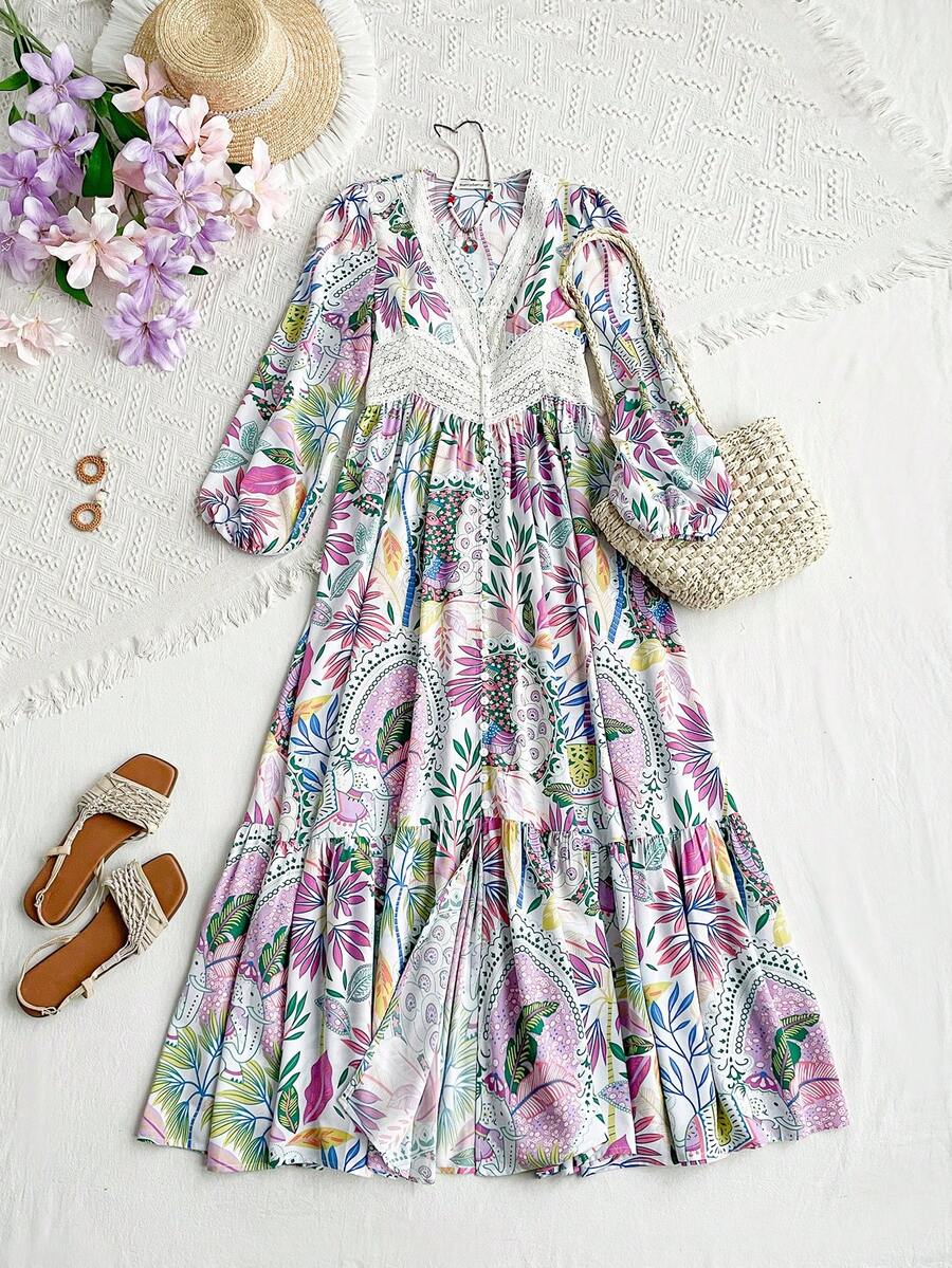 Bohemian Floral V-Neck Lace Dress for Festive Celebrations