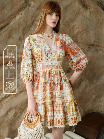 Step into summer with this playful Bohemian Patchwork Mini Dress, featuring a flirty deep V-neck and delicate lace trim. Its vibrant patchwork design brings a carefree vibe perfect for sunny days and casual outings. Lightweight and breezy, this dress keeps you comfortable while turning heads wherever you go. Embrace your free spirit in style!