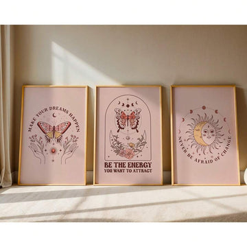 Transform your space with this enchanting Bohemian Pink Tarot Wall Art Set. Featuring spiritually inspired aesthetic prints in soft pink tones, this collection brings mystical elegance to any room. Perfect for dorms, bedrooms, or living spaces seeking a modern bohemian vibe. Each print captures the essence of tarot symbolism with contemporary design sensibilities. 