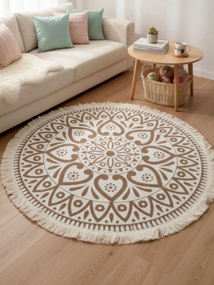 Bring bohemian charm to any room with this stunning round woven tassel rug. Featuring a soft mandala design in vibrant multicolor tones, it adds warmth and character to your living space. Crafted from durable 100% polyester, this versatile rug works beautifully in bedrooms, living rooms, dining areas, and beyond. Machine washable for easy care and maintenance. Perfect for creating a cozy, eclectic atmosphere that reflects your unique style.