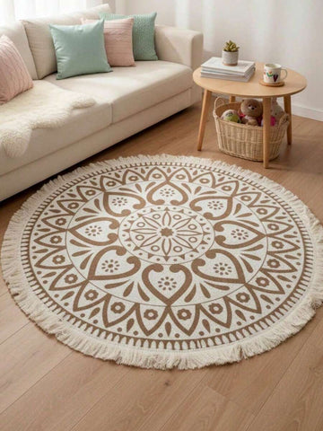 Bring bohemian charm to any room with this stunning round woven tassel rug. Featuring a soft mandala design in vibrant multicolor tones, it adds warmth and character to your living space. Crafted from durable 100% polyester, this versatile rug works beautifully in bedrooms, living rooms, dining areas, and beyond. Machine washable for easy care and maintenance. Perfect for creating a cozy, eclectic atmosphere that reflects your unique style.