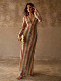 Shop the Bohemian Striped Deep V-Neck Beach Cover-Up Dress. A lightweight long sleeve cover-up perfect for beach vacations, resorts, and summer style.