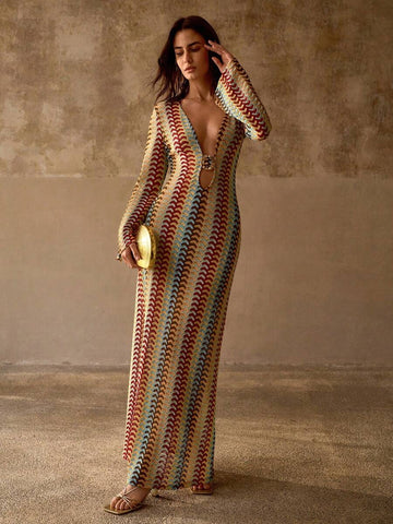 Shop the Bohemian Striped Deep V-Neck Beach Cover-Up Dress. A lightweight long sleeve cover-up perfect for beach vacations, resorts, and summer style.