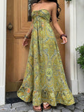 Olive paisley strapless halter maxi dress with empire waist and ruffle hem