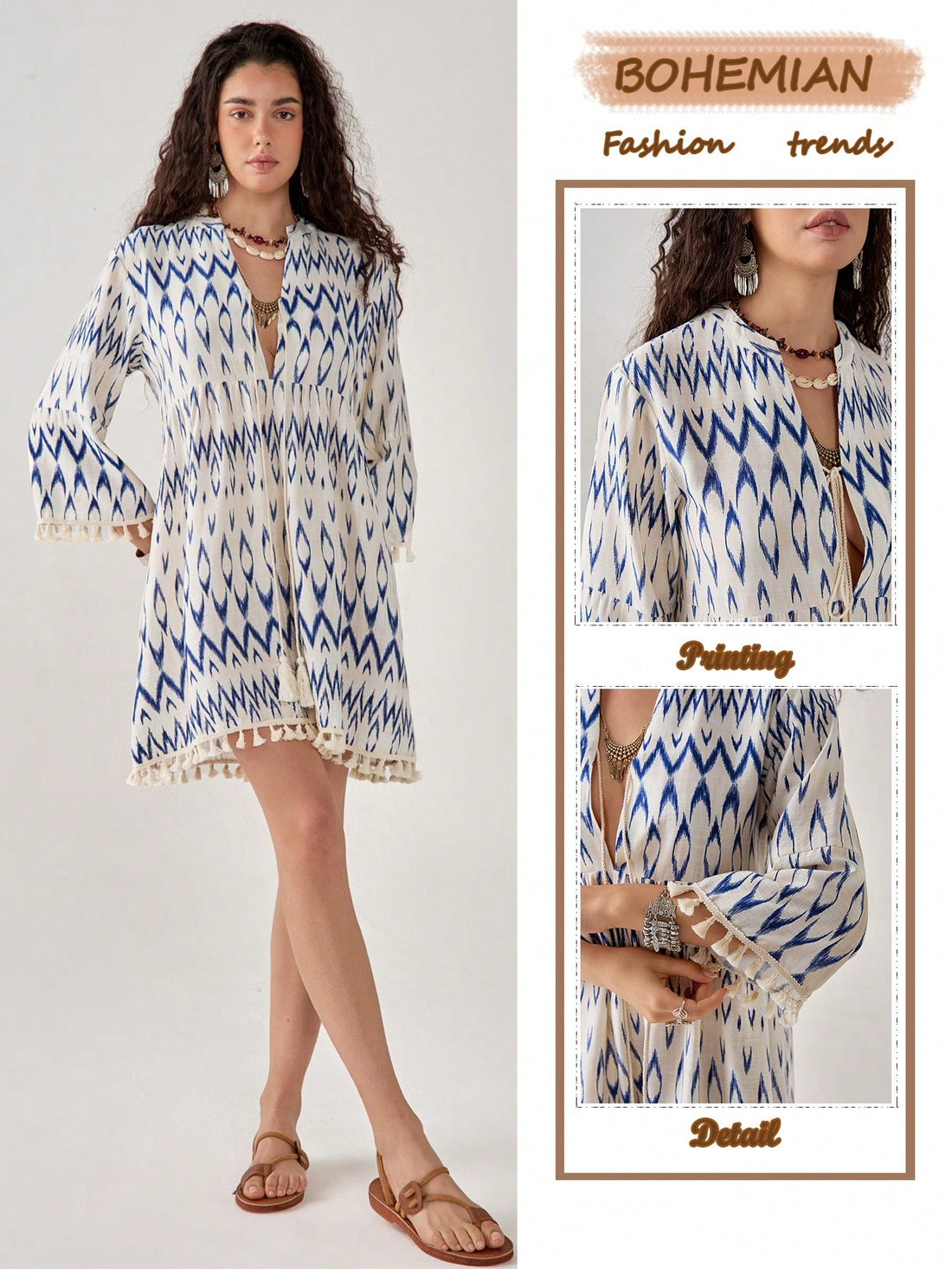 Embrace your free spirit in this playful Bohemian V-neck dress! Adorned with vibrant florals and charming tassel trim, it's the perfect vacation companion. Twirl from beach to bistro with effortless style – this dress brings the fun to your getaway wardrobe while keeping you cool and carefree under the sun.