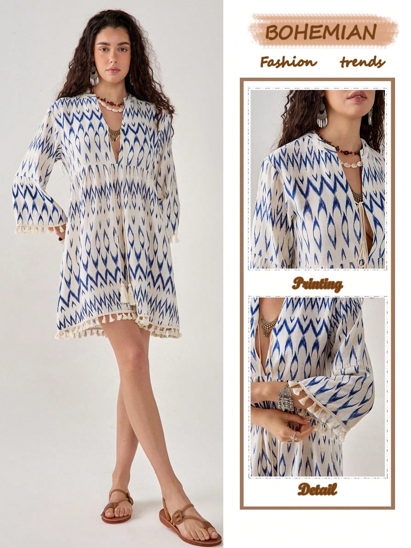 Embrace your free spirit in this playful Bohemian V-neck dress! Adorned with vibrant florals and charming tassel trim, it's the perfect vacation companion. Twirl from beach to bistro with effortless style – this dress brings the fun to your getaway wardrobe while keeping you cool and carefree under the sun.